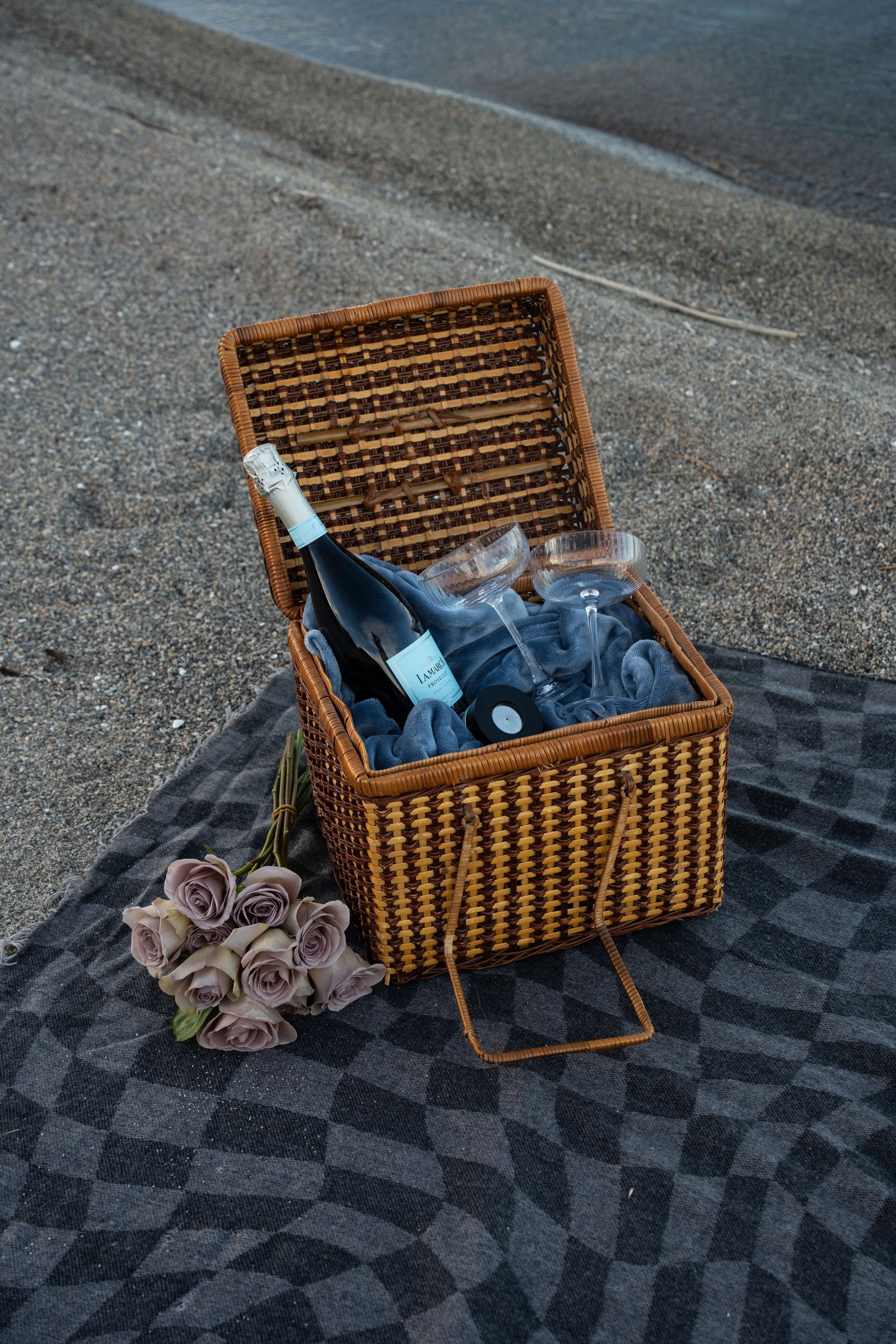 Wicker picnic basket with champagne bottle and glasses on checkered blanket with roses on sandy bear lake beach.