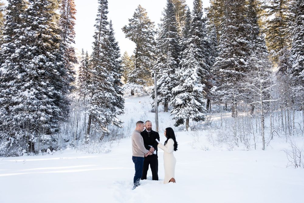 Couple holding hands in a snowy pine forest near Brighton, Utah, not Park City
