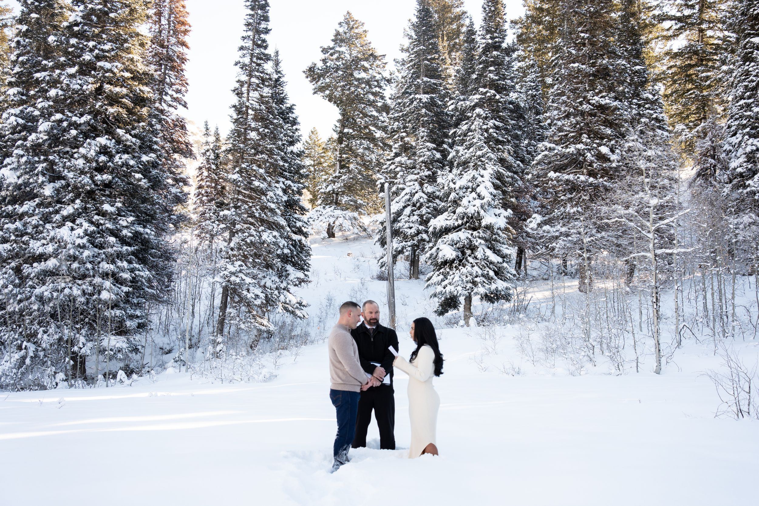 Couple holding hands in a snowy pine forest near Brighton, Utah, not Park City