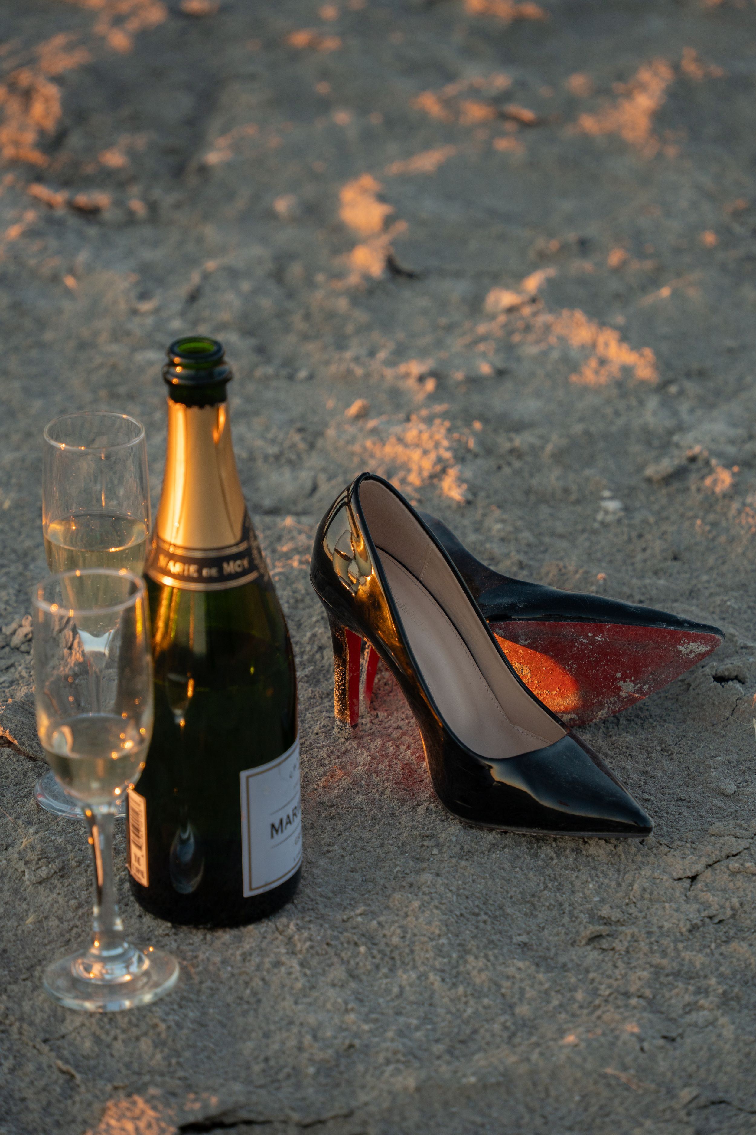 champagne bottle and louis vouitton pumps sitting on salt flats with light shining on them