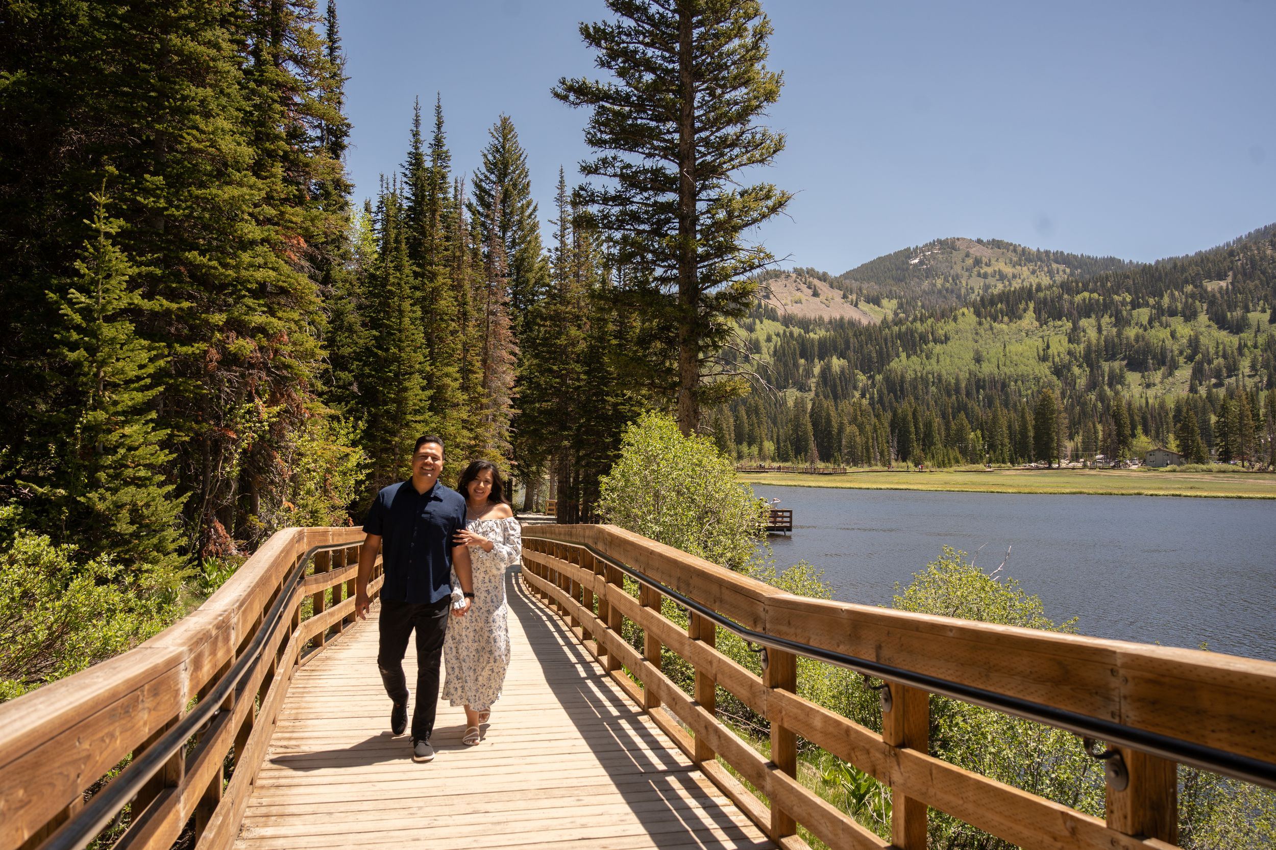 Couple walking hand-in-hand on a wooden boardwalk trail beside silver lake in brighton surrounded by tall pine trees.