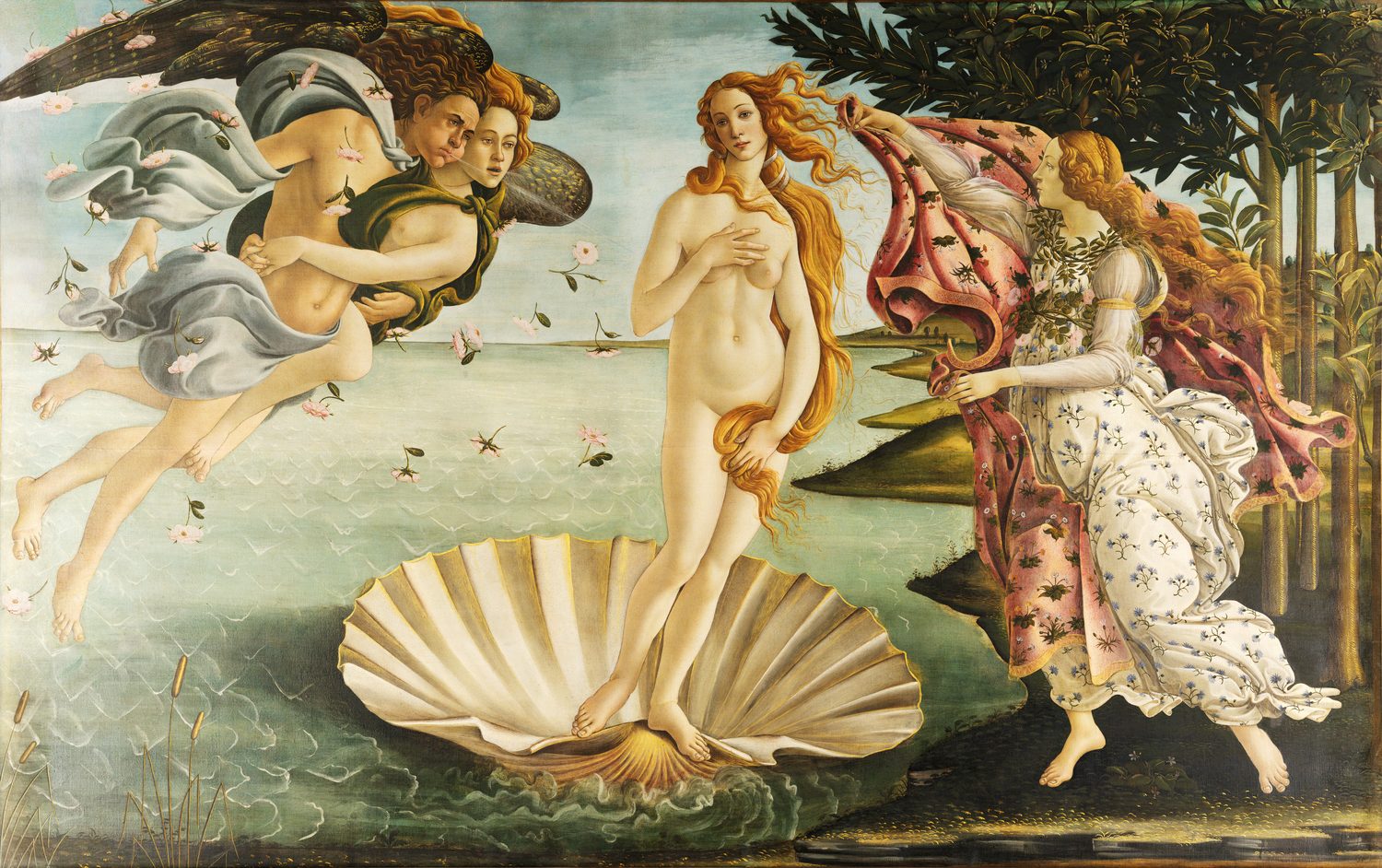Sandro Botticelli's The Birth of Venus, a woman standing fully formed and unhidden on a shell as she arrives on shore