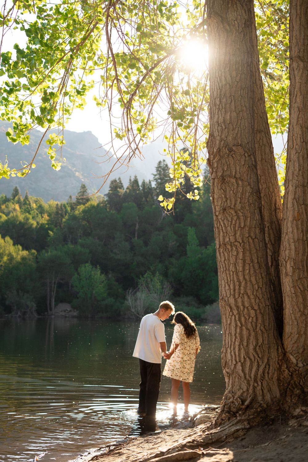 Engaged couple holding hands in a rocky mountain lake, Sandy, Utah